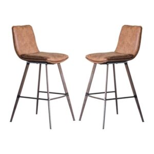 Palmar Brown Faux Leather Bar Stools With Metal Legs In Pair