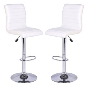 Ripple White Faux Leather Bar Stools With Chrome Base In Pair