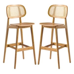 Romney Natural Rattan Natural Oak Wooden Bar Stools In Pair