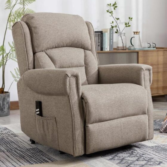 Salvo Fabric Electric Lift And Tilt Recliner Chair In Taupe