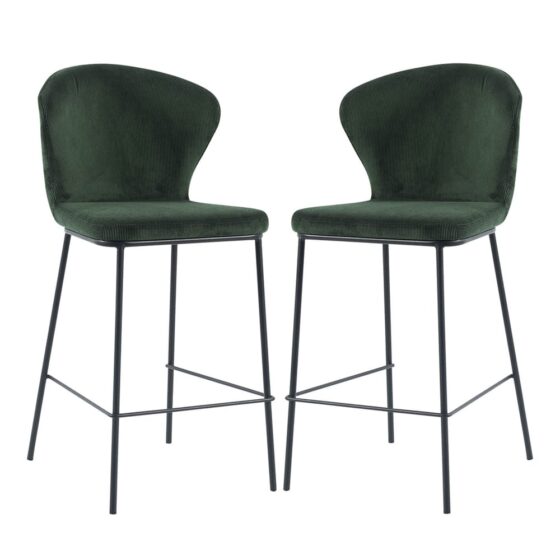 Sarnia Green Corduroy Fabric Counter Bar Stools In Pair