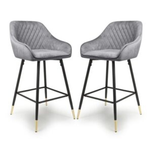 Sedona Grey Velvet Bar Stools With Metal Legs In Pair