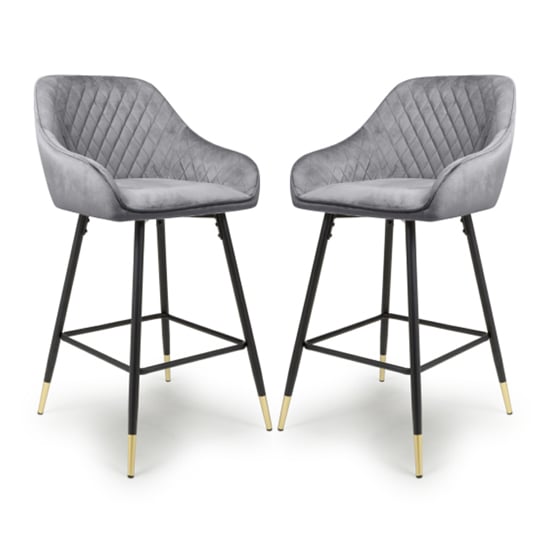 Sedona Grey Velvet Bar Stools With Metal Legs In Pair