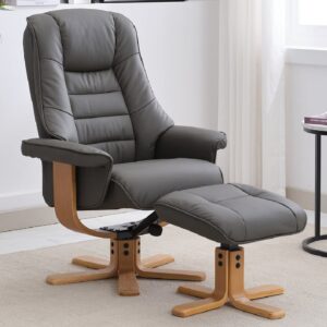 Seneca Leather Recliner Chair With Stool In Chinder And Oak