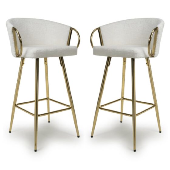 Visalia Cream Fabric Bar Stools With Gold Legs In Pair