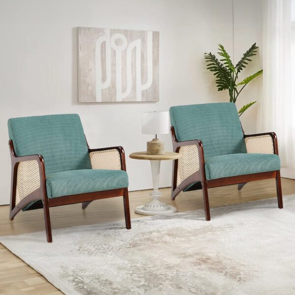 Corduroy Armchair with Rattan Armrest
