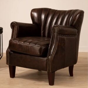 Viroqua Genuine Leather Winged Bedroom Chair In Brown
