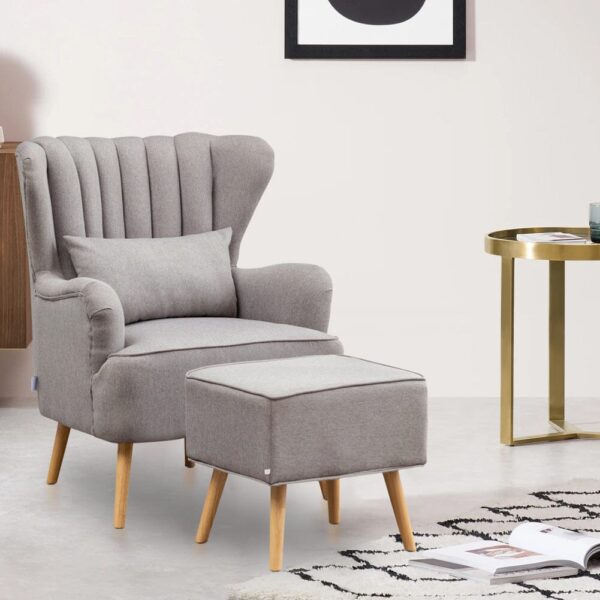 Contemporary Wing Back Armchair and Ottoman Set with Cushion and Footstool