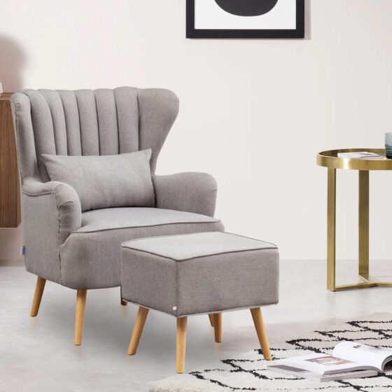 Contemporary Wing Back Armchair and Ottoman Set with Cushion and Footstool