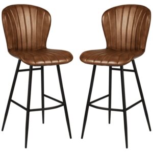 Laramie Pecan Brown Genuine Leather Bar Stools In Pair