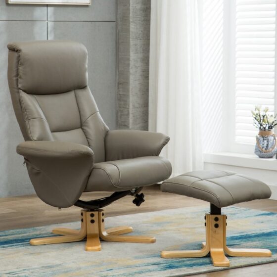 Maida Leather Recliner Chair With Footstool In Grey Natural