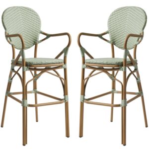 Edinburg Pastel Green Rattan Bar Stools With Wooden Frame In Pair