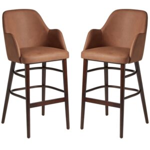 Avelay Cognac Vintage Faux Leather Bar Stools In Pair