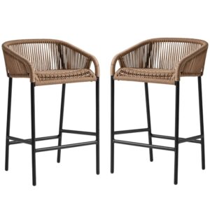 Rialto Natural Rattan Bar Stools With Black Metal Frame In Pair