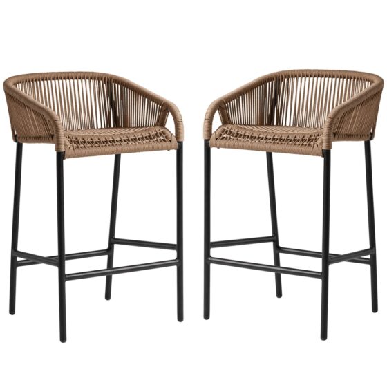 Rialto Natural Rattan Bar Stools With Black Metal Frame In Pair