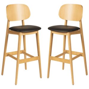Romney Natural Wooden Bar Stools With Black Leather Seat In Pair