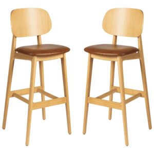 Romney Natural Wooden Bar Stools With Tan Leather Seat In Pair