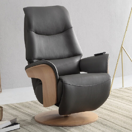 Ivoryton Leather Electric Recliner Chair In Charcoal And Oak
