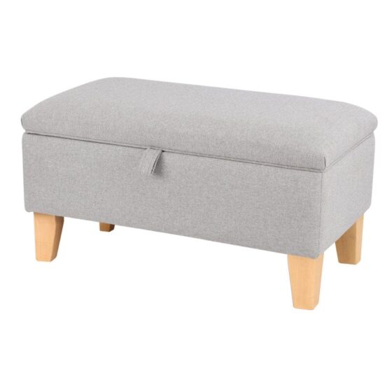 Linen Upholstered Storage Footstool with Solid Wood Legs and Lift-Up Seat