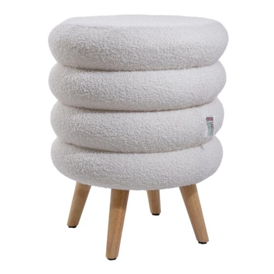 White Teddy Fur Tiered Footstool with Natural Wood Legs