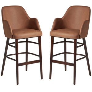 Avelay Cognac Vintage Faux Leather Bar Stools In Pair