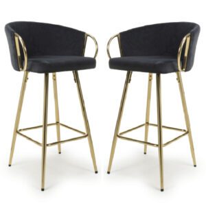 Visalia Black Velvet Bar Stools With Gold Legs In Pair